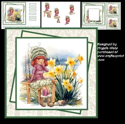 Girl sitting beside the daffodils 7x7, decoupage, insert and toppers