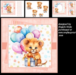 Baby lions birthday 7x7 card, decoupage, insert and toppers