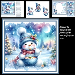 Snowman eating his soup 7x7, decoupage, insert and toppers