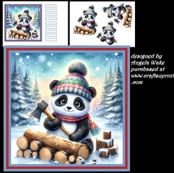 Panda chopping logs 7x7 card , sentiment tiles and decoupage