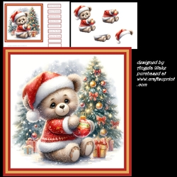 teddy bear decorating the Christmas tree 7x7, sentiment tiles, decoupage