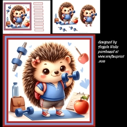 Sporty hedgehog 7x7 card , sentiment tiles and decoupage sheet