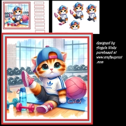 Kitten workout at the gym 7x7 card, sentiment tiles and decoupage