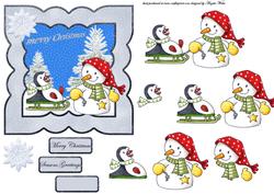 Snowman and Penguin Having Sledging Fun