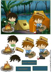 Boy Campers Card Front with Decoupage and Sentiment Tags