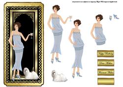 Art Deco Lady in Blue Dress with Her Dog