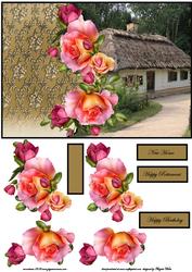 Rose Thatched Roof Cottage Card Front