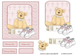 Girl Bear Christening Card Front with Topper and Decoupage