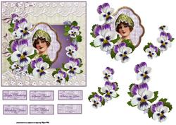 Vintage Beauty with Green Victorian Hat and Pansies