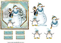 Snowman and His Penguin Friends with Decoupage