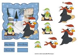 Penguin Fun Sledging Card with Decoupage