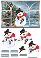 Snowman Lights the Christmas Tree Window View
