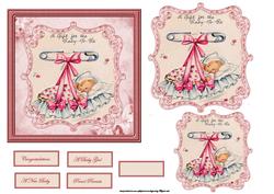 New Baby Girl in a Crib Card Front and Toppers