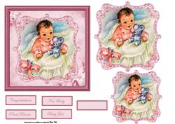 Baby Girl with Blue Teddy Bear Card and Toppers