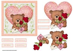 Teddy and a Red Rose Valentine Card with Decoupage