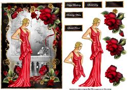 Lady in Red Card Front with Decoupage