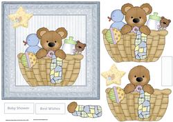 Teddy Bear Baby Shower Basket Card with Decoupage