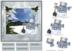 Snowman Watches a Train Card with Decoupage