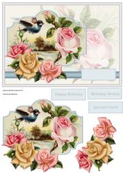 Pink Rose and Blue Bird Card with Decoupage