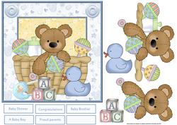 Baby Boy Bear in a Basket Card with Decoupage