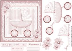 Baby Girl Pram Card with Decoupage