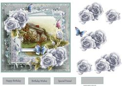 Cottage and Blue Rose Card with Decoupage