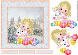 Cute Girl with Easter Bunny and Eggs Card