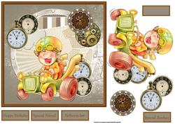 Racing Through Time Card with Decoupage and Sentiment Tags