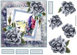 Blue Rose and Country Cottage Card with Decoupage