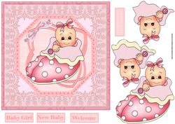 New Baby Girl in a Slipper Bed 7x7 Card with Decoupage