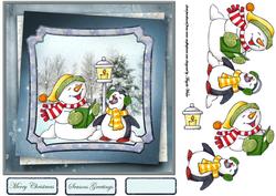 Snowman and Penguin Carol Singers 7x7 Card with Decoupage