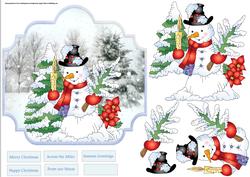 Snowman with His Tree and Candles Shaped Card