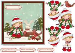 Snowgirl with Rabbit Friend 7x7 Card and Decoupage