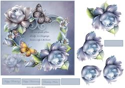 Blue Rose, Butterfly and Heart 7x7 Card with Decoupage