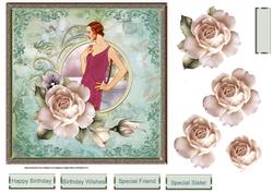 Art Deco Lady and Rose 7x7 Card with Decoupage