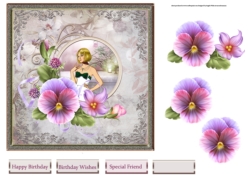 Pansy and lady 7x7 card with decoupage