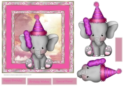 Elephant girl birthday 7x7 card approx with decoupage