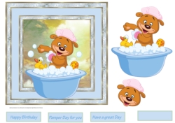 Bubble bath 7x7 card with decoupage and sentiment tags