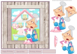 Grannys turn to water the garden 7.5 x 7.5 card with decoupage