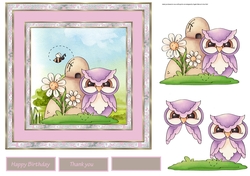 Spring hoots 7x7 card with decoupage and sentiment tags