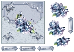 Blue iced rose 7x7 card with decoupage