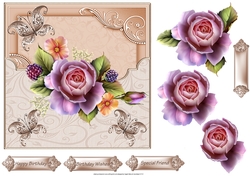 Rose and berry 7x7 card with decoupage