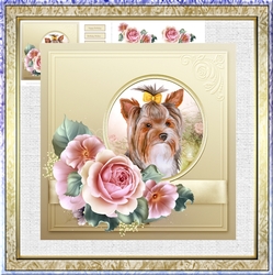 Yorkshire terrier and roses 7x7 card with decoupage