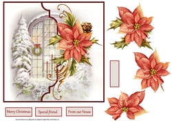 Christmas window and poinsettia 7x7 card with decoupage