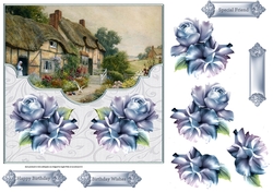 Village life with blue rose 7x7 card with decoupage