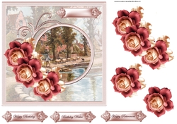 Rustic rose and village life 7x7 card with decoupage