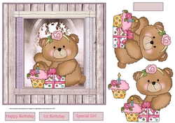 Baby girl bear 1st birthday 7x7 card with decoupage and sentiment tags