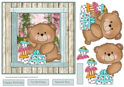 baby boy bear 1st birthday 7x7 card with decoupage