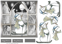 Sking snowman 7x7 card with decoupage and sentiment tags