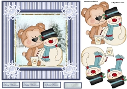Snowman and bear friend 7x7 card with decoupage and sentiment tags